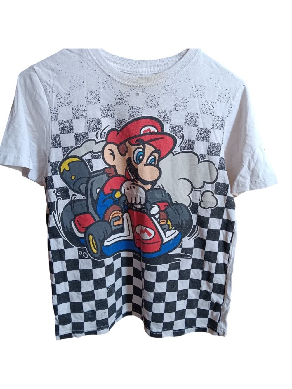 Womens Small Nintendo Mario Kart Graphic T Shirt Boys XL 14/16 Checkered Trash